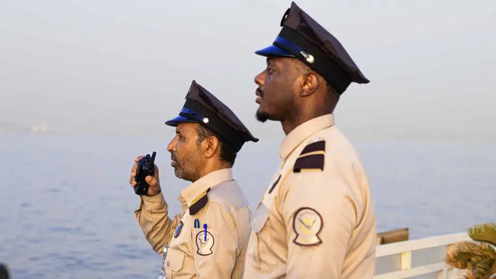 Falcons Security guard team stationed at a warehouse gate in Dammam, Saudi Arabia